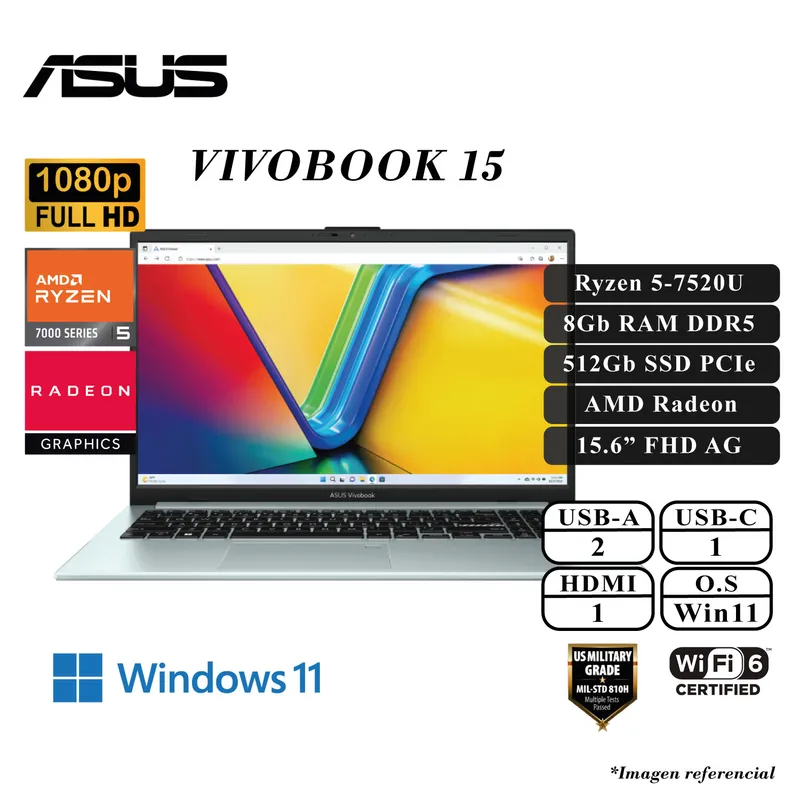 ASUS - LAPTOP ASUS VIVOBOOK 15 RYZEN 5-7520U 8GB DDR5 512GB SSD AMD RADEON 15.6 FHD W11