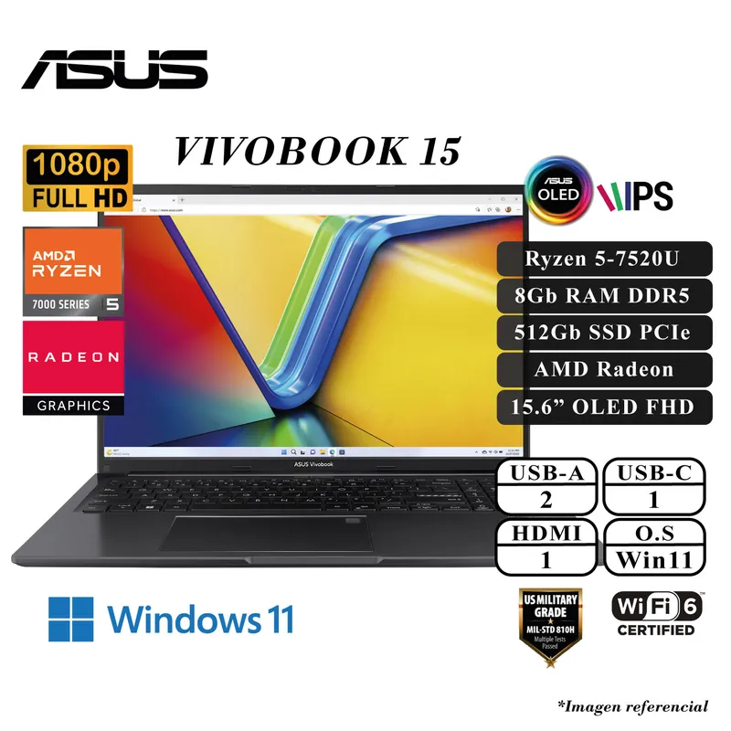 ASUS - LAPTOP ASUS VIVOBOOK 15 RYZEN 5-7520U 8GB DDR5 512GB SSD AMD RADEON 15.6 OLED FHD W11