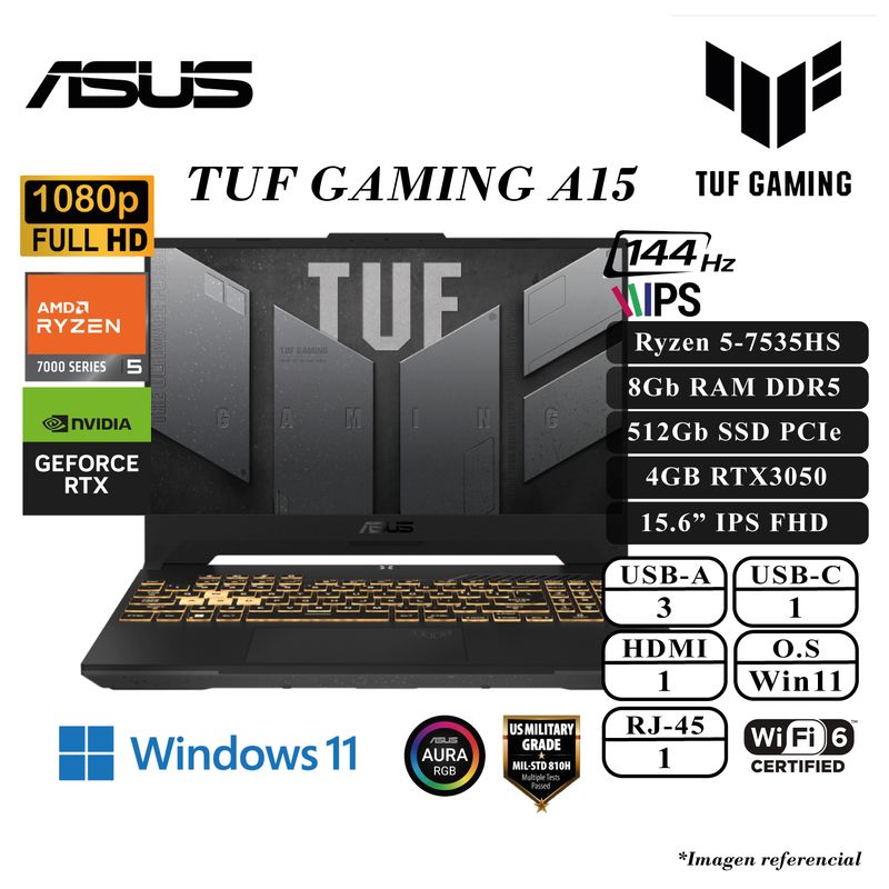 ASUS - LAPTOP ASUS TUF A15 GAMING FA506N RYZEN 5-7535HS 8GB DDR5 512SSD 4GB RTX3050 15.6 FHD 144HZ W11