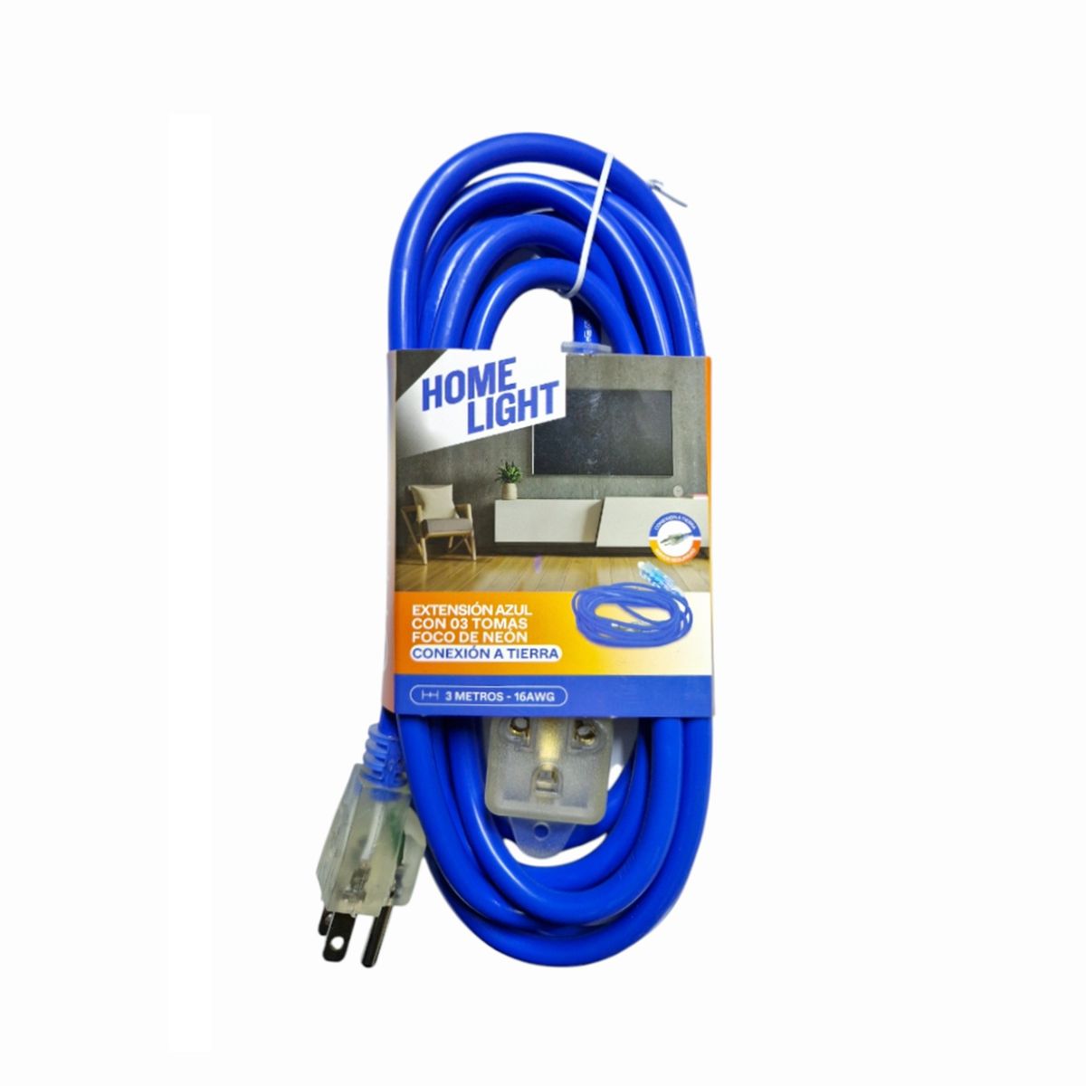 HOME LIGHT - Extensión Eléctrica Azul 3 Metros x 3 Tomas Conexión a Tierra