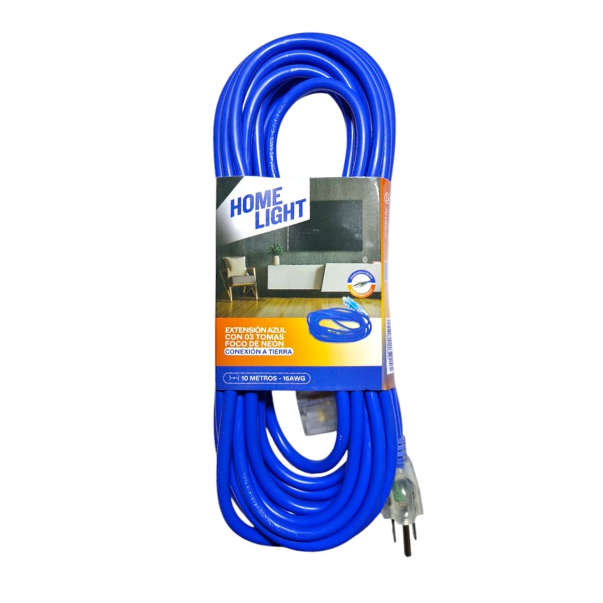 HOME LIGHT - Extensión Eléctrica Azul 10 Metros x 3 Tomas Conexión a Tierra