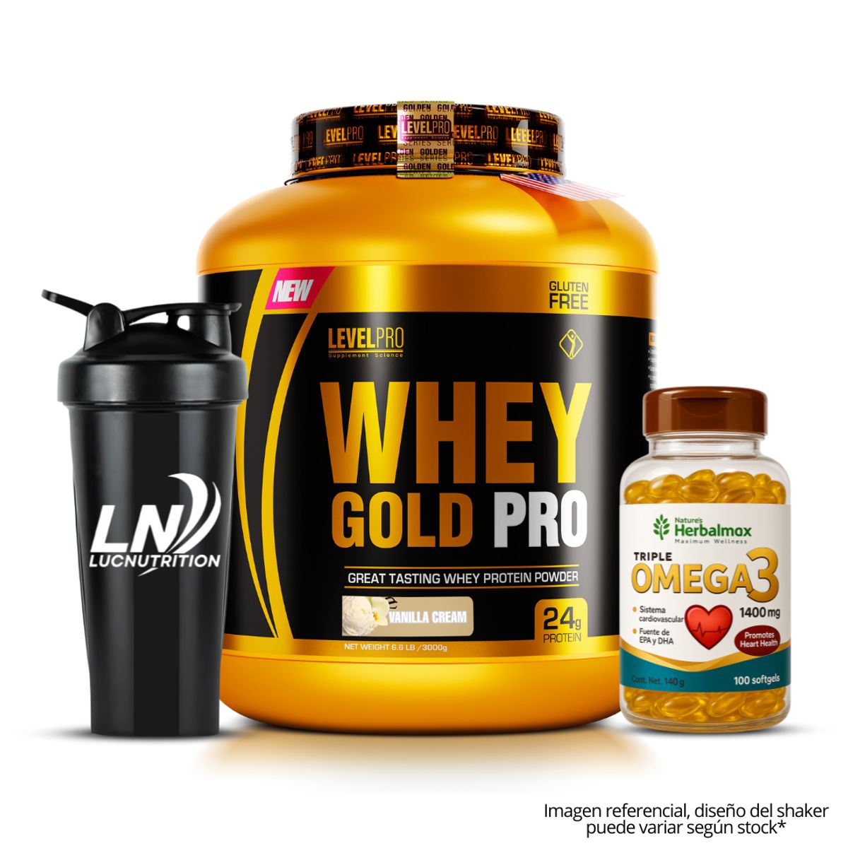 LEVEL PRO - Whey Gold Pro 3 kg vainilla + omega 3 herbalmax 100 capsulas + shaker