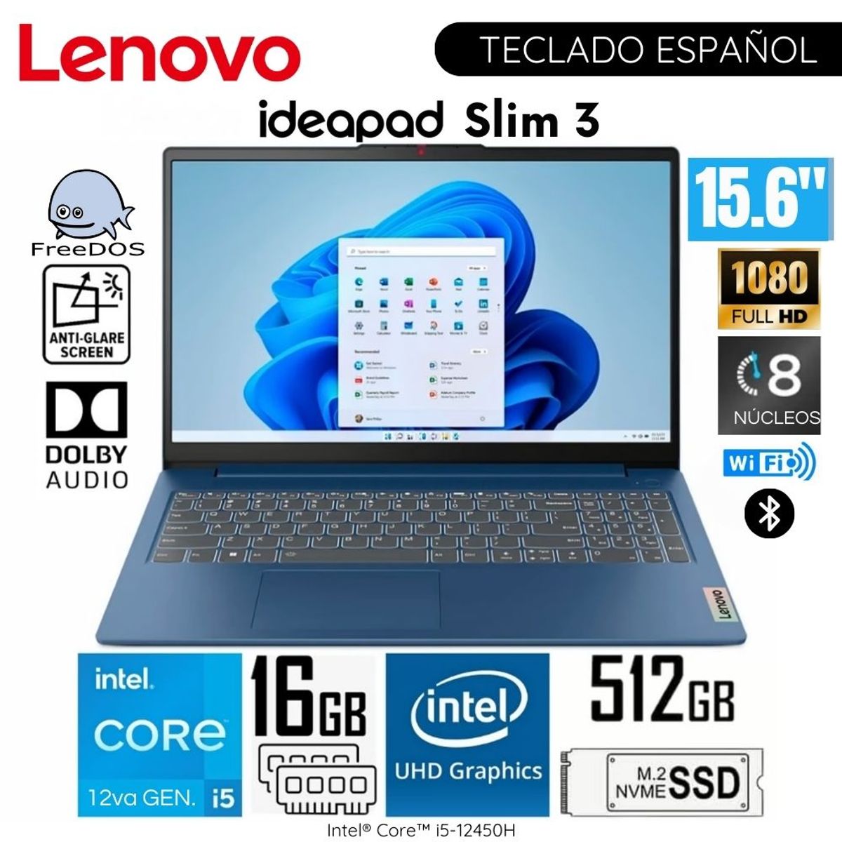 LENOVO - Laptop Lenovo IdeaPad Slim 3 15IAH8 Intel Core i5-12450H 16GB RAM 512GB SSD 15.6” FHD - 83ER001DLM