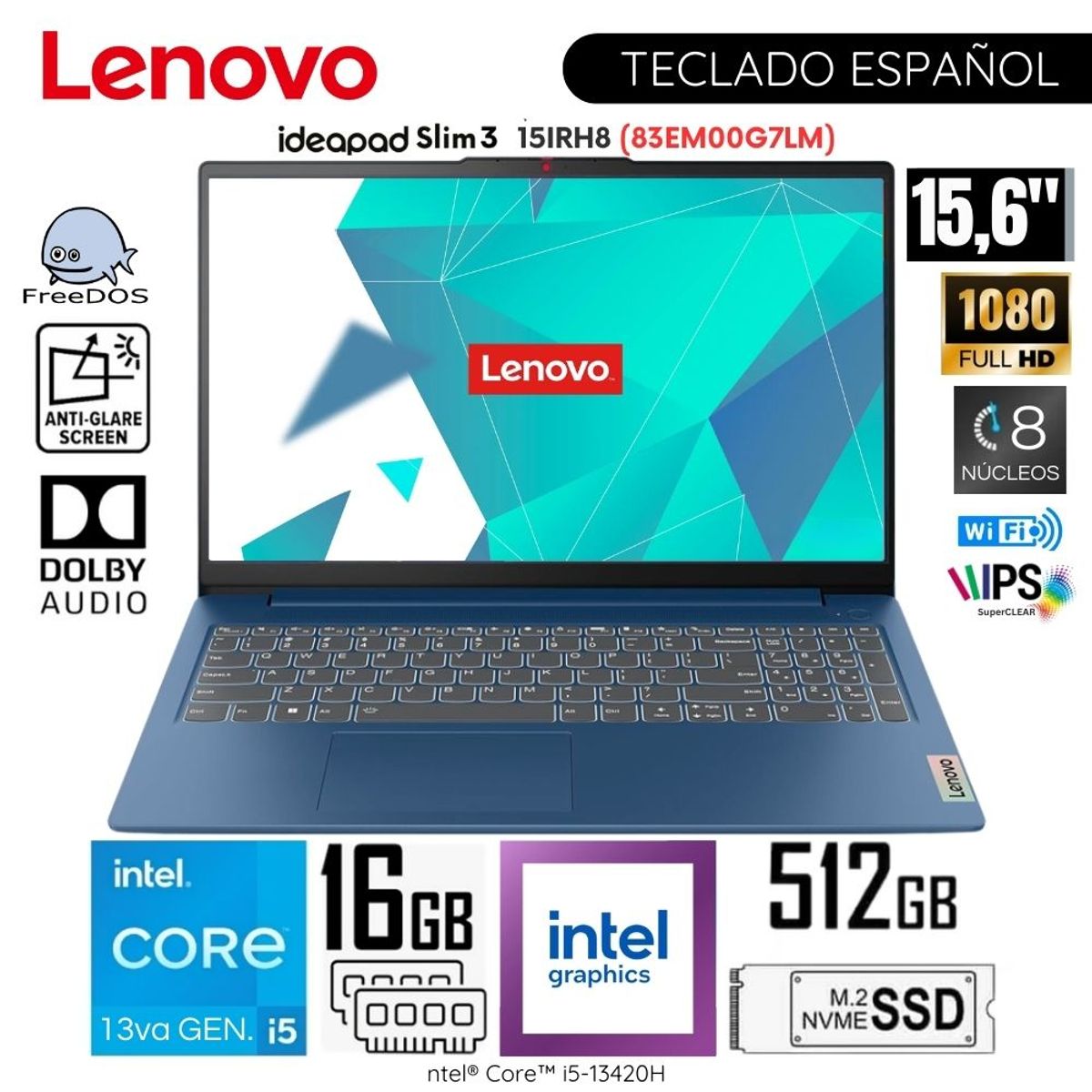 LENOVO - Laptop Lenovo Ideapad Slim 3 15IRH8 15.6” FHD  Intel Core i5-13420H RAM 16GB SSD 512GB 83EM00G7LM