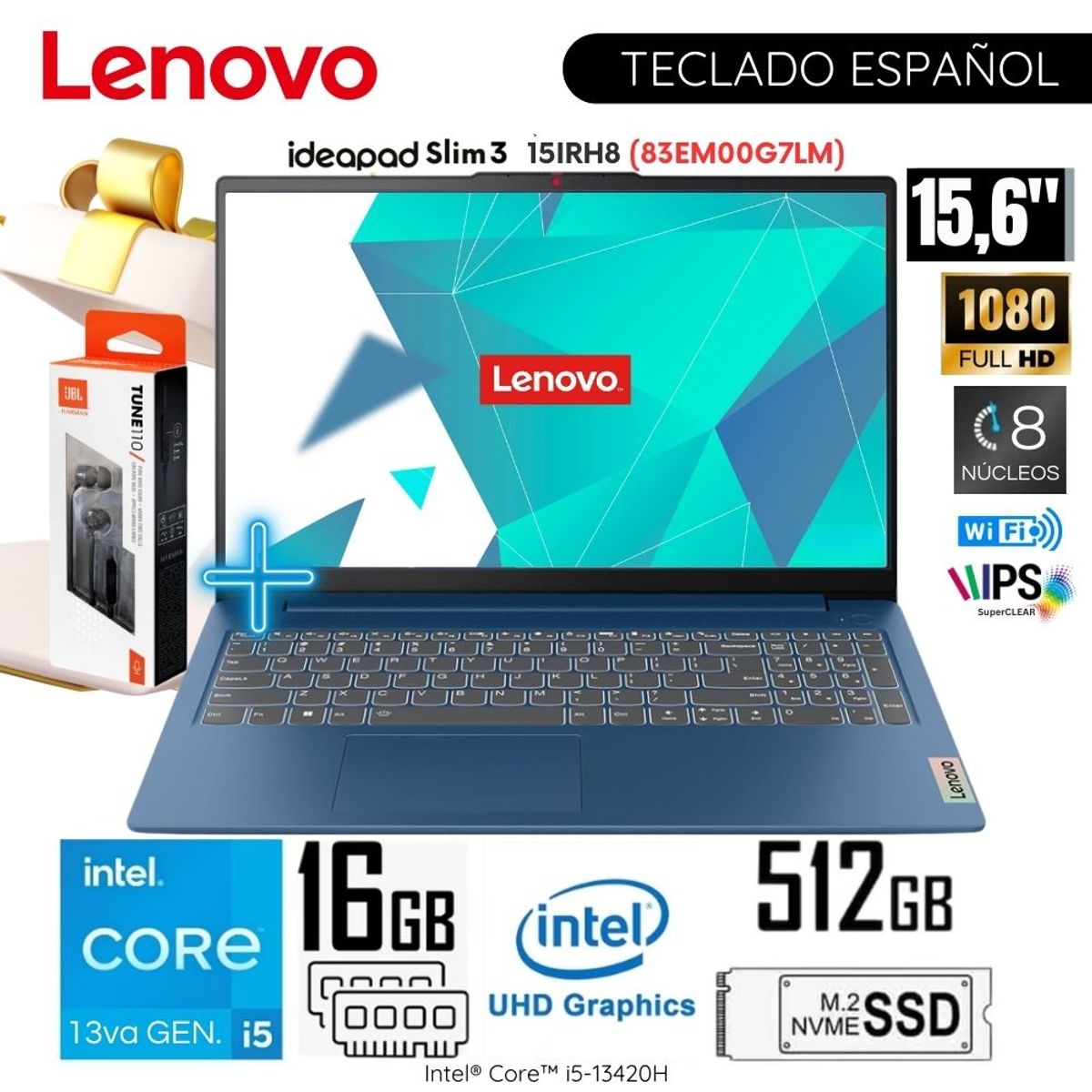 LENOVO - Laptop Lenovo Ideapad Slim 3 15IRH8 15.6” FHD  Intel Core i5-13420H RAM 16GB SSD 512GB + Audífono