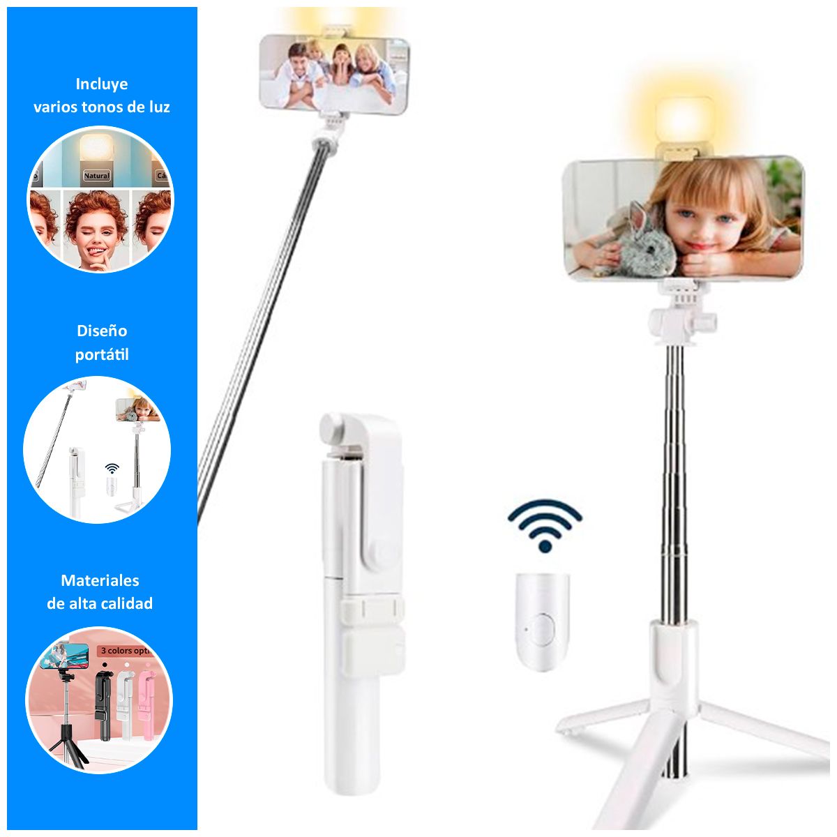 GENERICO - Palo Selfie con Trípode Extensible + Luz Blanco