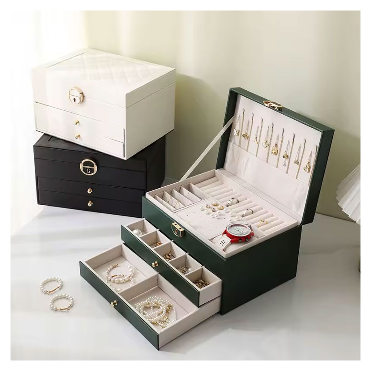 GRETAIL - Joyero Organizador De Joyas Relojes Cofre Con Llave 3 Niveles