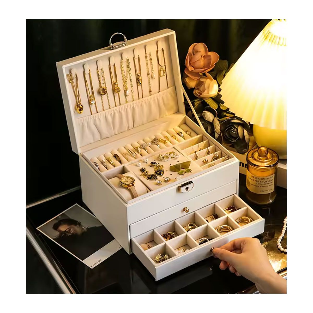 GRETAIL - Joyero Organizador De Joyas Relojes Cofre Con Llave 3 Niveles