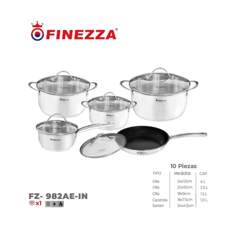 FINEZZA - Juego de ollas de Acero Inoxidable FINEZZA de 10 pzs FZ-982AE-IN