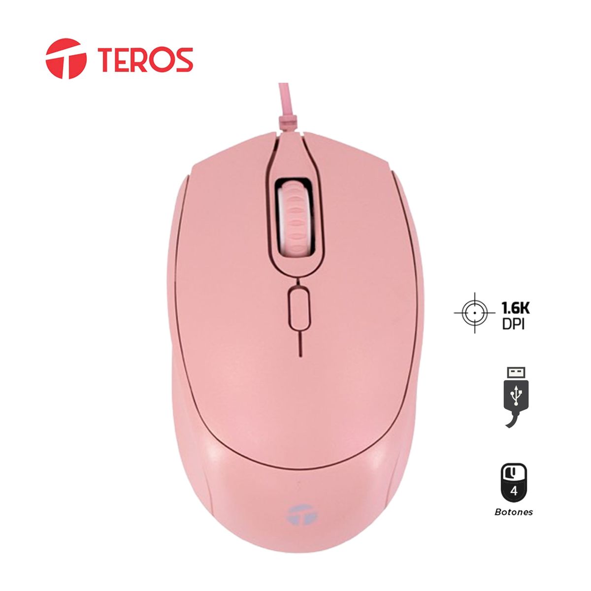 TEROS - Mouse Óptico Teros Te-1226S 800-1200-1600 Dpi-Usb-4 Botones Rosado