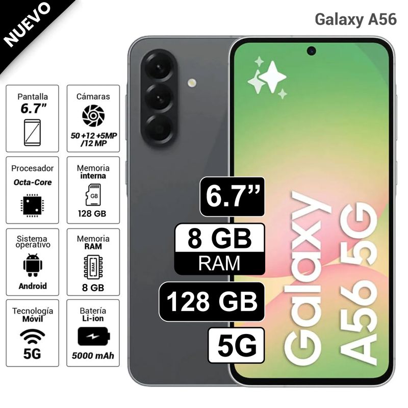 SAMSUNG - Celular Samsung Galaxy A56 5G 128GB 8GB RAM cámara principal 50MP frontal 12MP 67 Negro