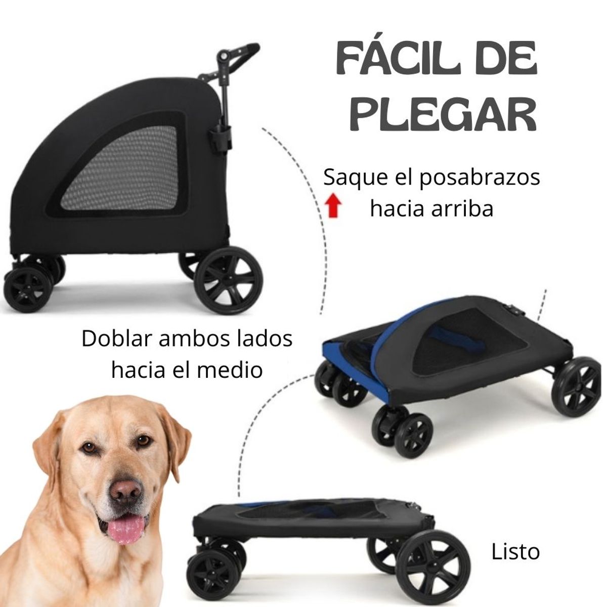 GENERICO - Coche Plegable de Cuatro Ruedas XL para Razas Grandes NEGRO
