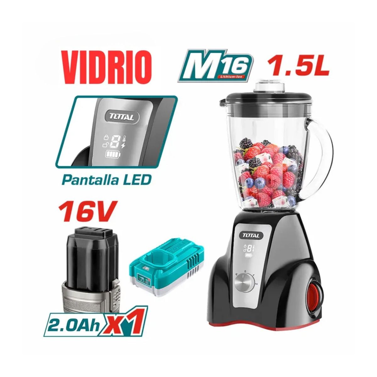 TOTAL TOOLS - Licuadora inalambrica 16V con pantalla LED batería y cargador