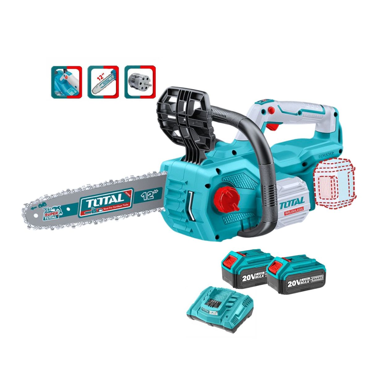 TOTAL TOOLS - Motosierra Inalámbrica 20V con 2 baterías + cargador