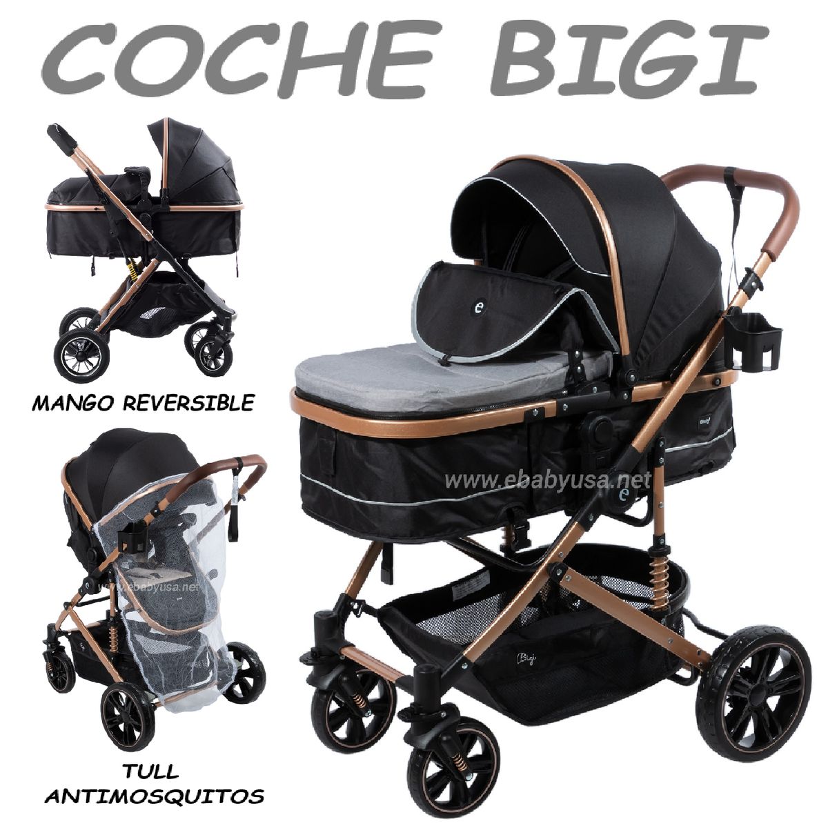 EBABY - Nuevo Coche Cuna Mango Reversible Bigi Ebaby -Gris