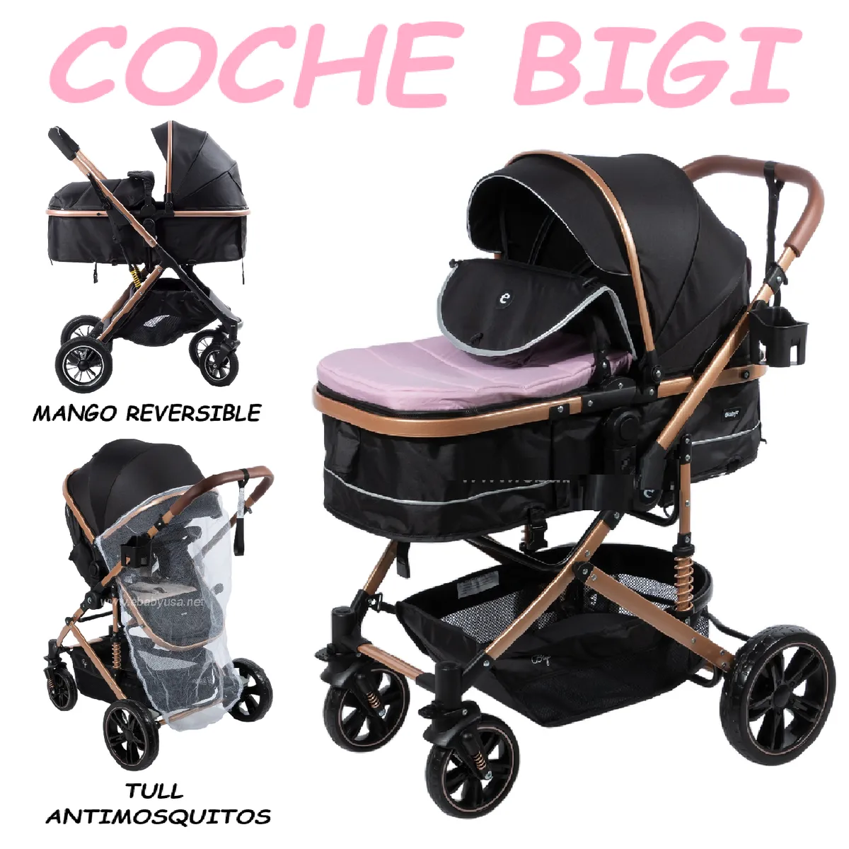 EBABY - Nuevo Coche Cuna Mango Reversible Bigi Ebaby -Rosa