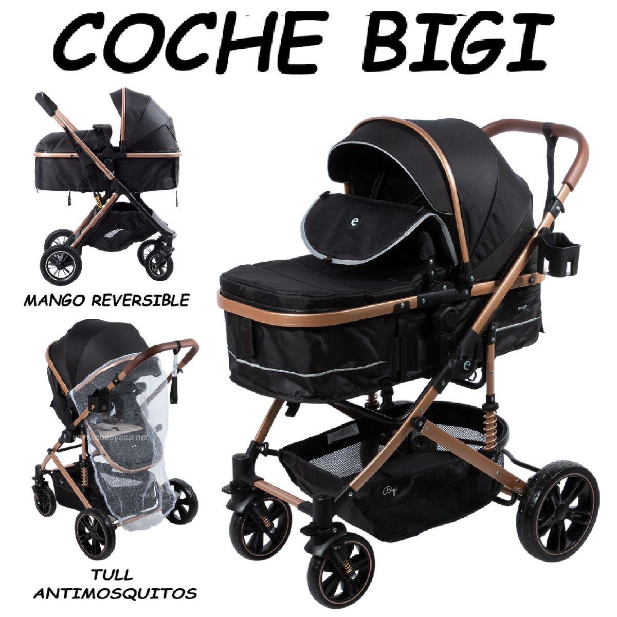 EBABY - Nuevo Coche Cuna Mango Reversible Bigi Ebaby -Negro
