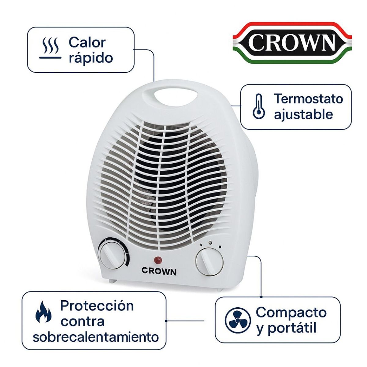 CROWN - Crown HeatFlow 2000 – Calefactor Portátil 2 en 1 con Ventilador Integrado