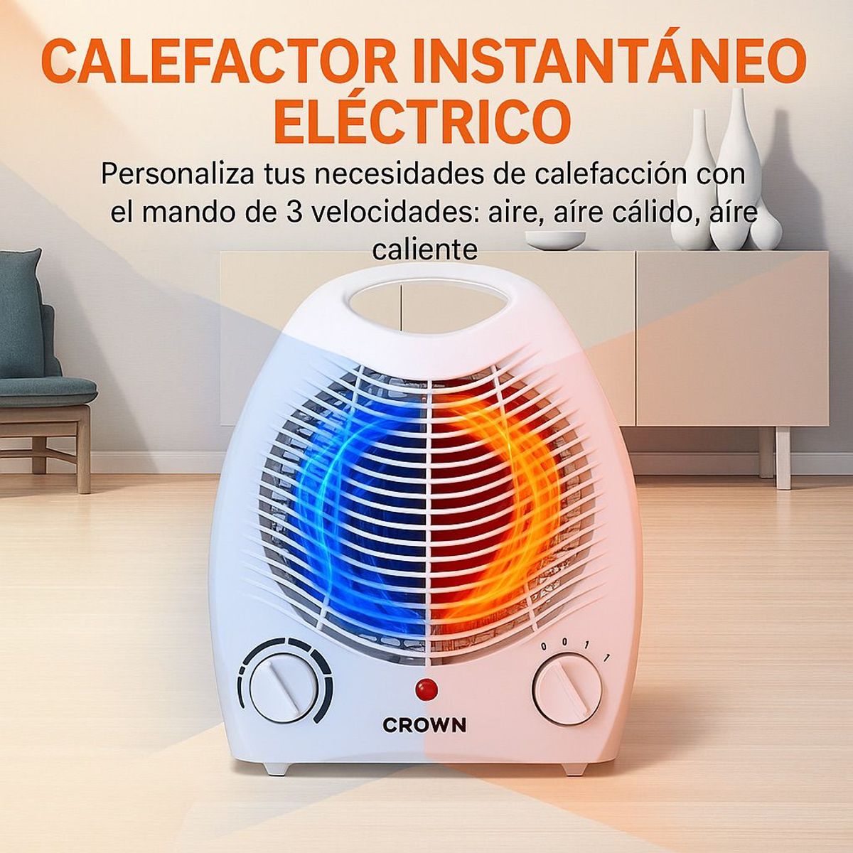 CROWN - Crown HeatFlow 2000 – Calefactor Portátil 2 en 1 con Ventilador Integrado