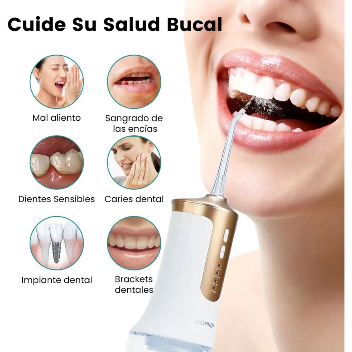 BOMIDI - Irrigador Bucal Portati - Limpiador Dental 6 Boquillas 3 Modos 240ml
