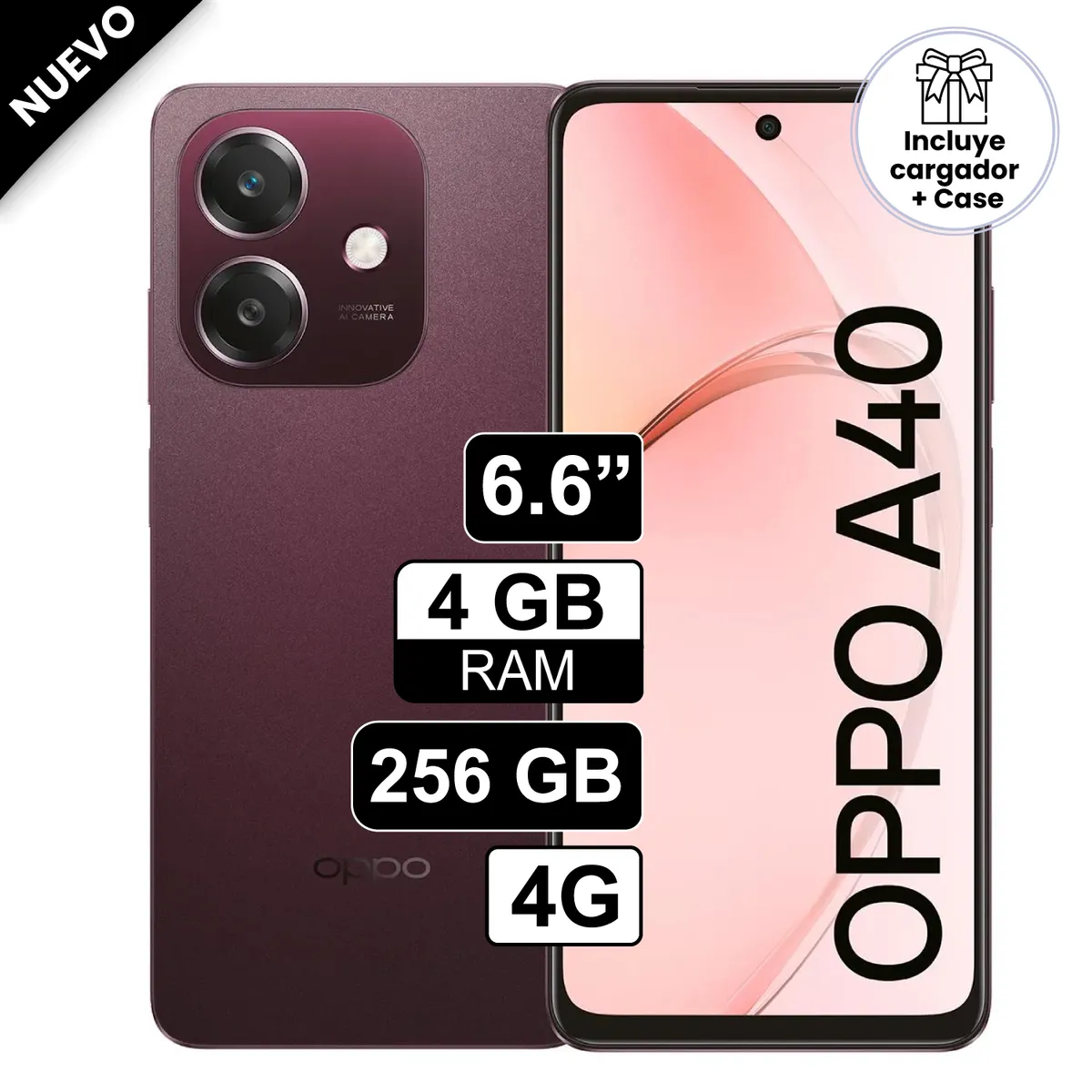 OPPO - Celular OPPO A40 4G 256GB 4GB RAM 66 cámara principal 50MP + 5MP Vino