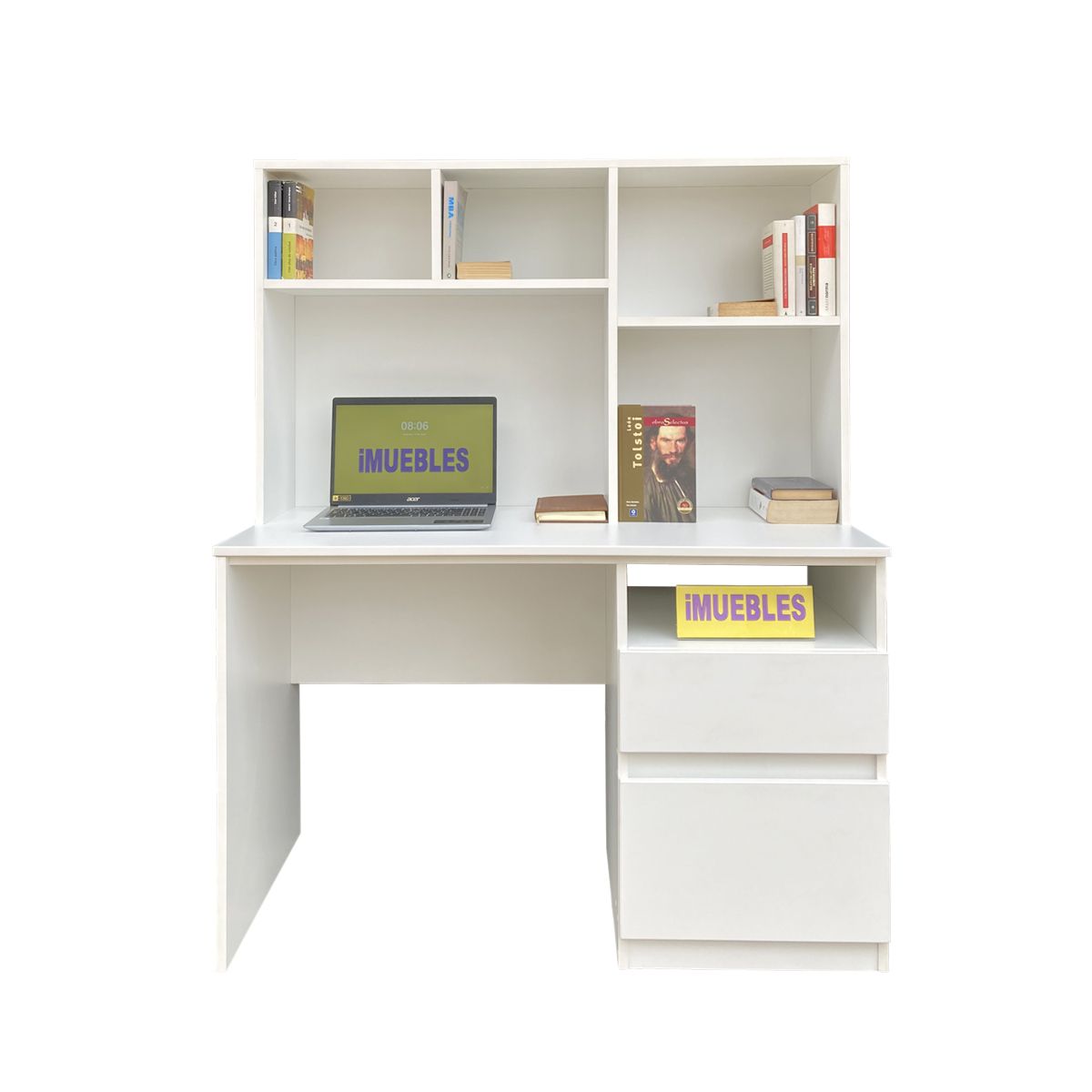 TEMEL - Escritorio con Estante y Cajonera 120 cm Blanco – MEV