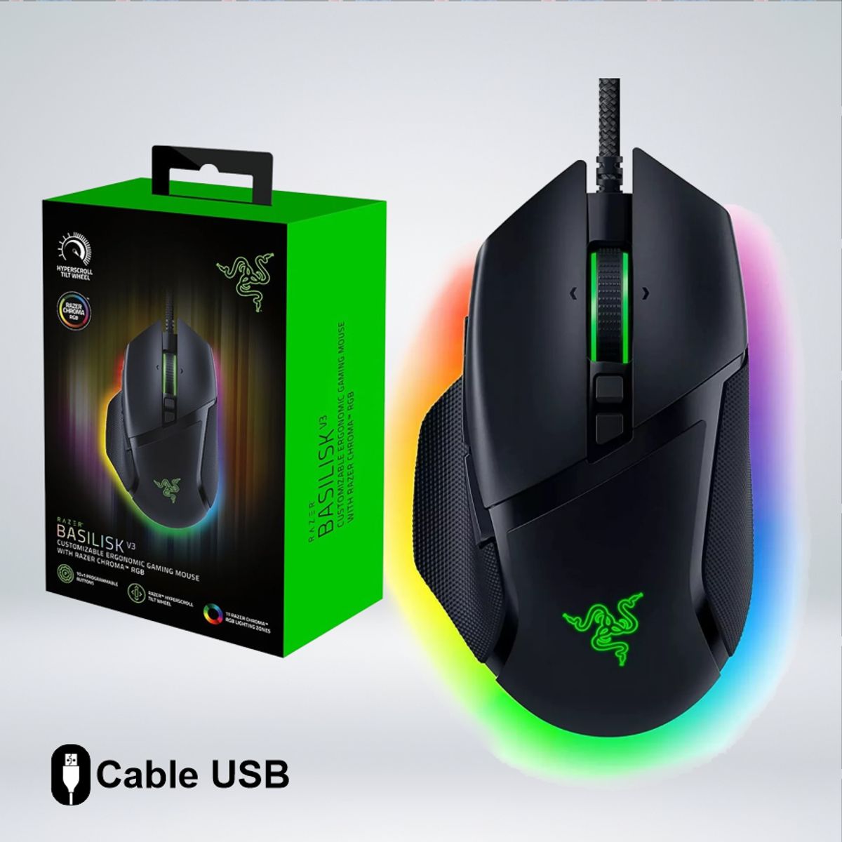 RAZER - MOUSE GAME BASILISK V3 RGB 26KDPI 11 BOTONES HYPERSCROLL 11 ZONAS