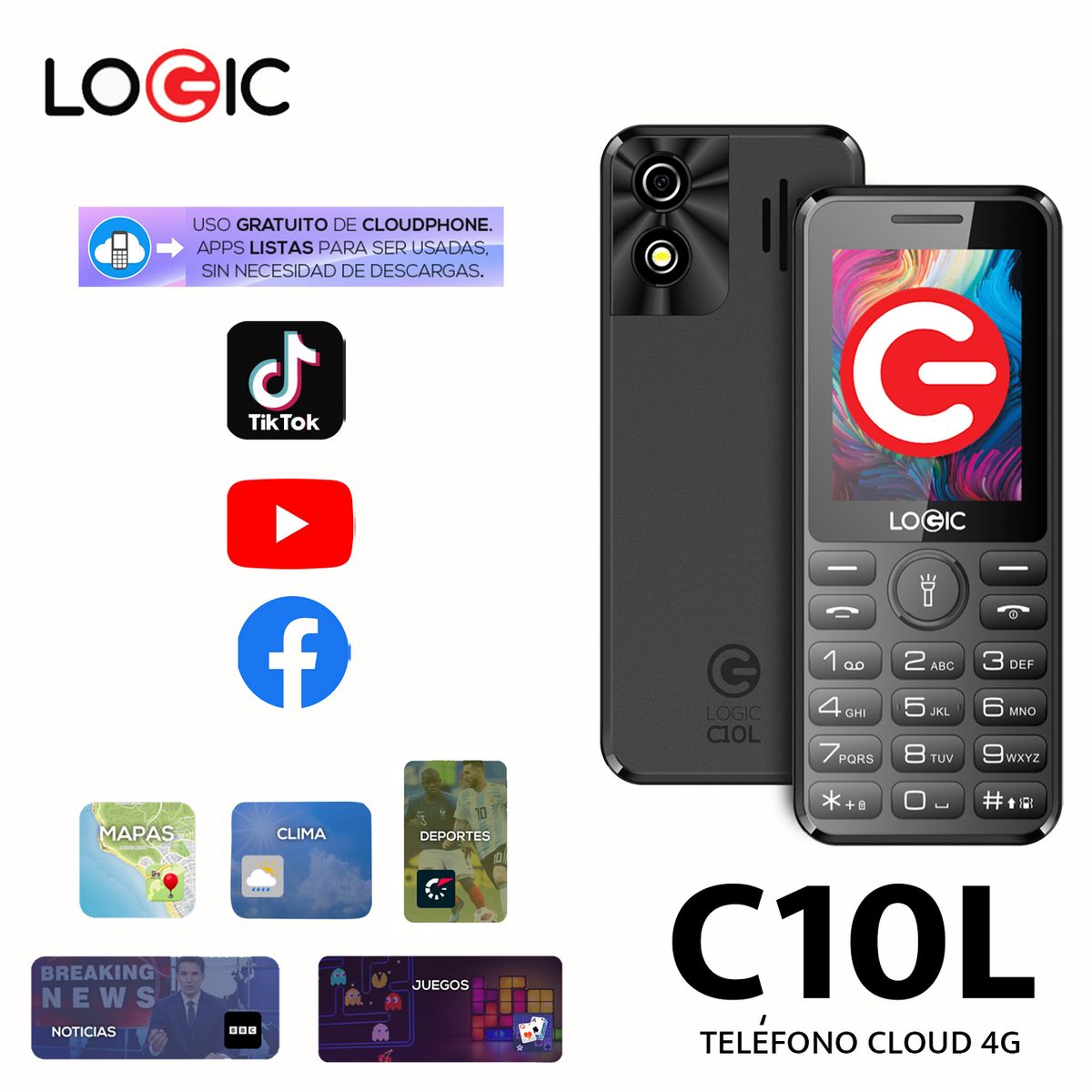 LOGIC - LOGIC C10L TELÉFONO BÁSICO CLOUD 4G COLOR NEGRO REDES SOCIALES