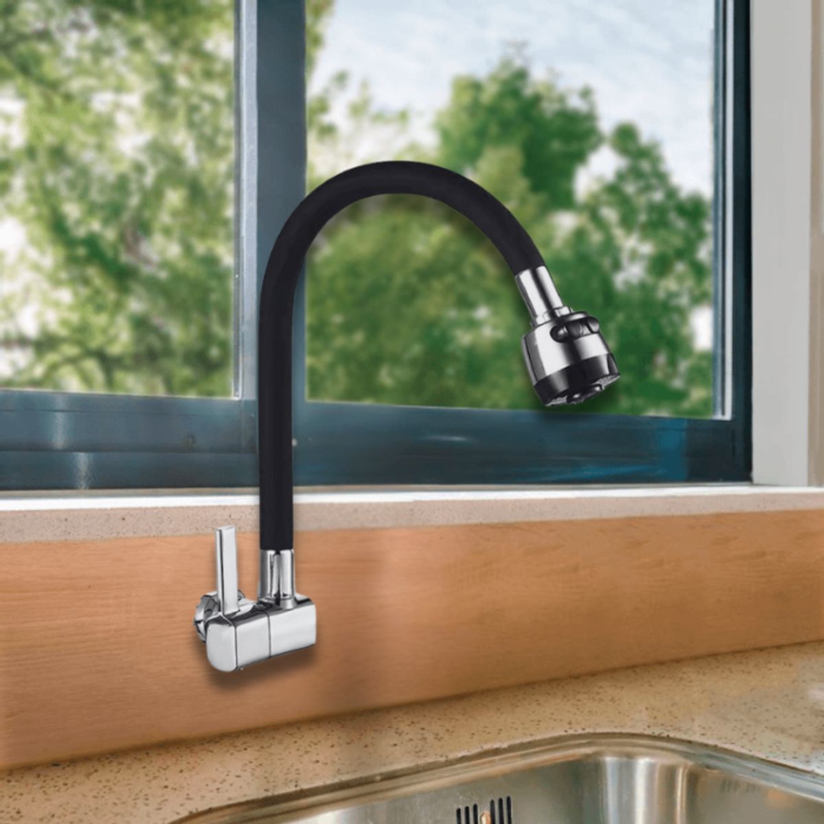 XM - LLAVE DE COCINA A LA PARED PICO FLEXIBLE NEGRO Z09521