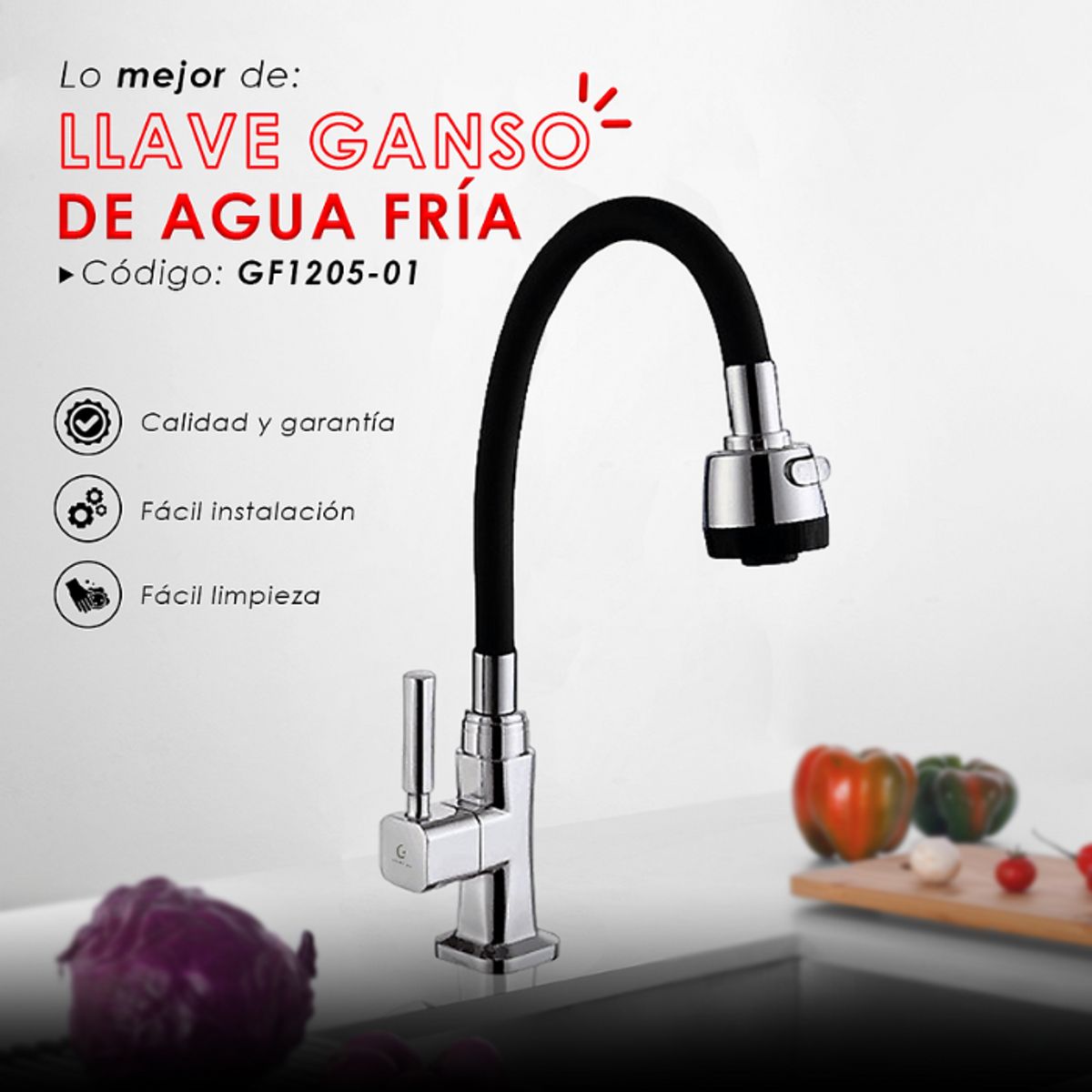 XM - LLAVE DE COCINA AL MUEBLE FLEXIBLE NEGRO GF1205-01
