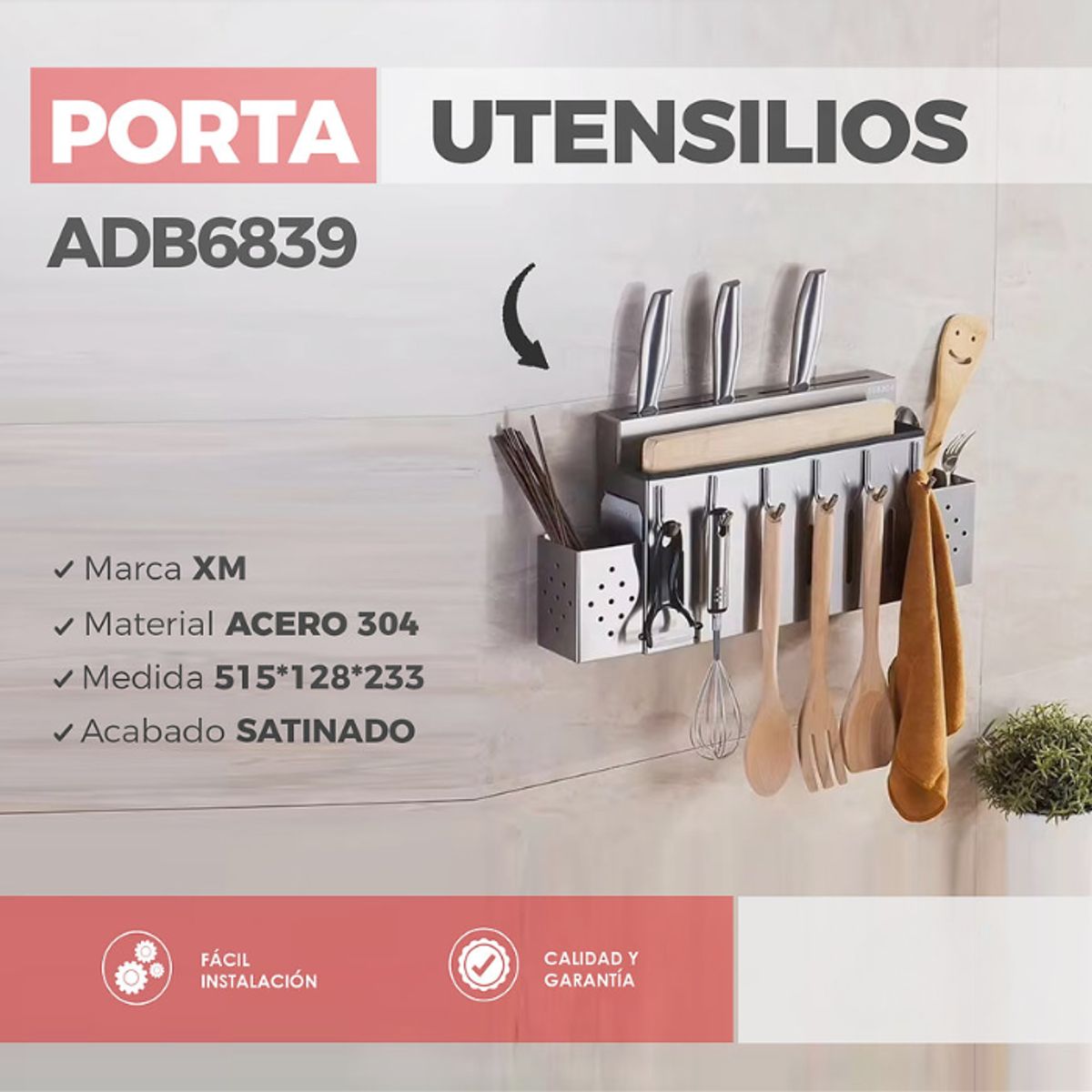 XM - PORTA UTENCILIOS MULTIFUNCIONAL DE COCINA SATINADO ADB6839