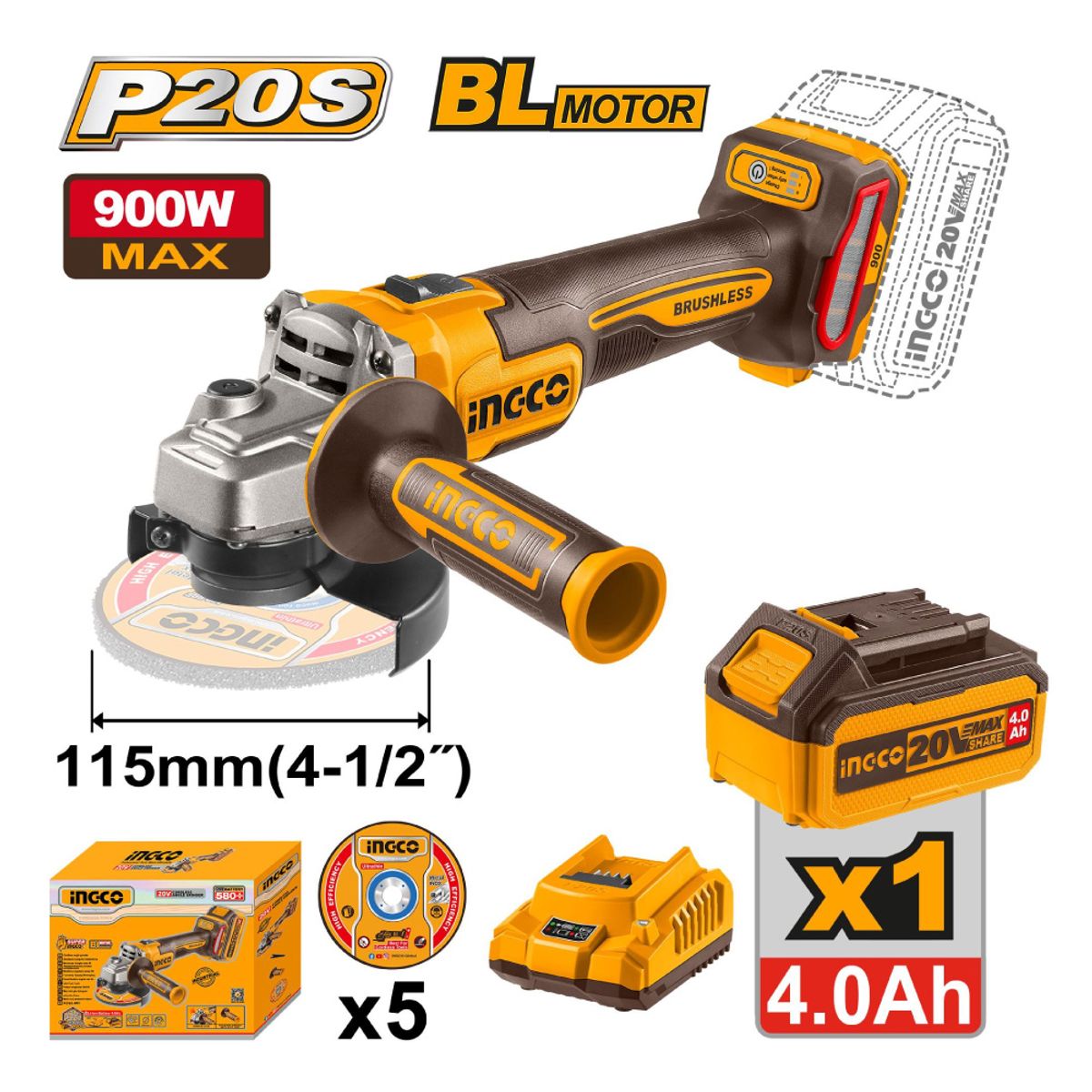 INGCO TOOLS - AMOLADORA BRUSHLESS INGCO 20V 900W 4 1/2'' + BATERÍA 4.0AH CAGLI261521
