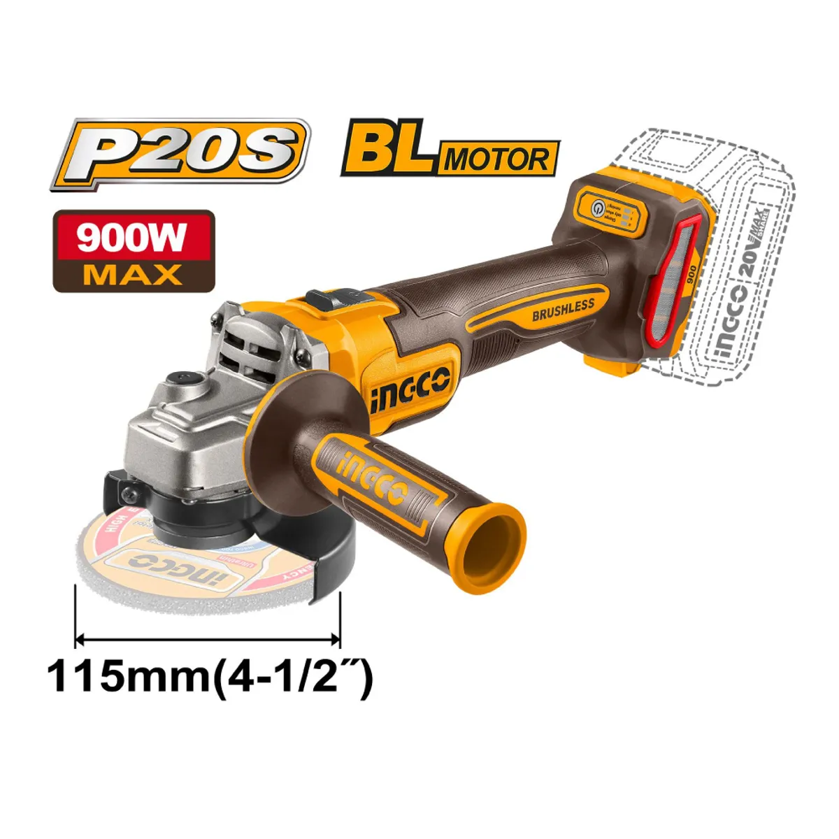 INGCO TOOLS - AMOLADORA BRUSHLESS INGCO 20V 900W 4 1/2'' + BATERÍA 4.0AH CAGLI261521