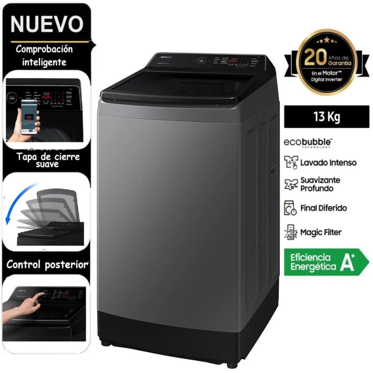 SAMSUNG - LAVADORA SAMSUNG 13 KG CARGA SUPERIOR ECOBUBBLE WA13CG5441BD Gris