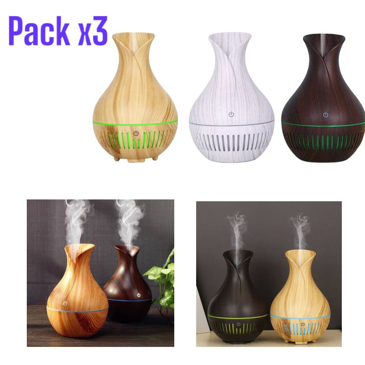 OEM - Set 3 Difusores Ultrasónicos 150mL con Aromaterapia y Luz RGB