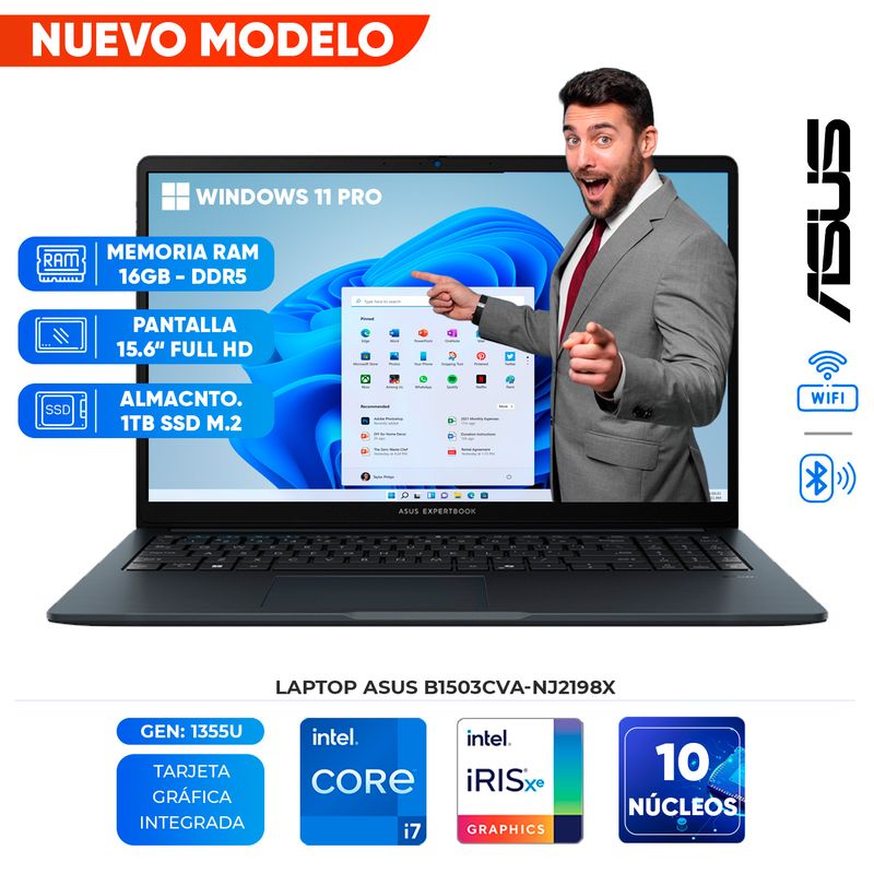 ASUS - Laptop ASUS B1503CVA-NJ2198X, Core i7-1355U, 16GB DDR5, 1TB SSD, 15.6 FHD LED