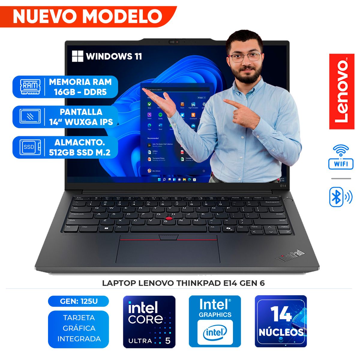 LENOVO - Laptop Lenovo ThinkPad E14 Gen 6, Core Ultra 5 125U, 16GB DDR5, 512GB SSD, 14" WUXGA IPS