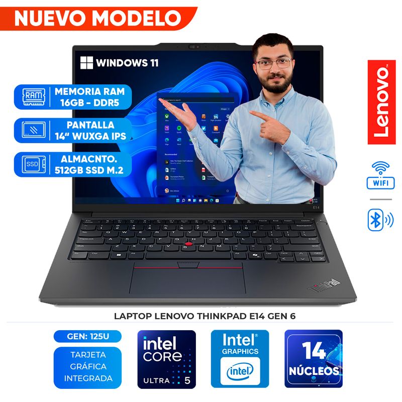 LENOVO - Laptop Lenovo ThinkPad E14 Gen 6, Core Ultra 5 125U, 16GB DDR5, 512GB SSD, 14" WUXGA IPS