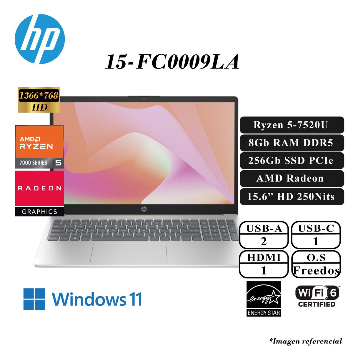 HP - LAPTOP HP 15-FC0009LA  AMD RYZEN 5-7520U 8GB LPDDR5 256GB SSD AMD RADEON 15.6" FULL HD