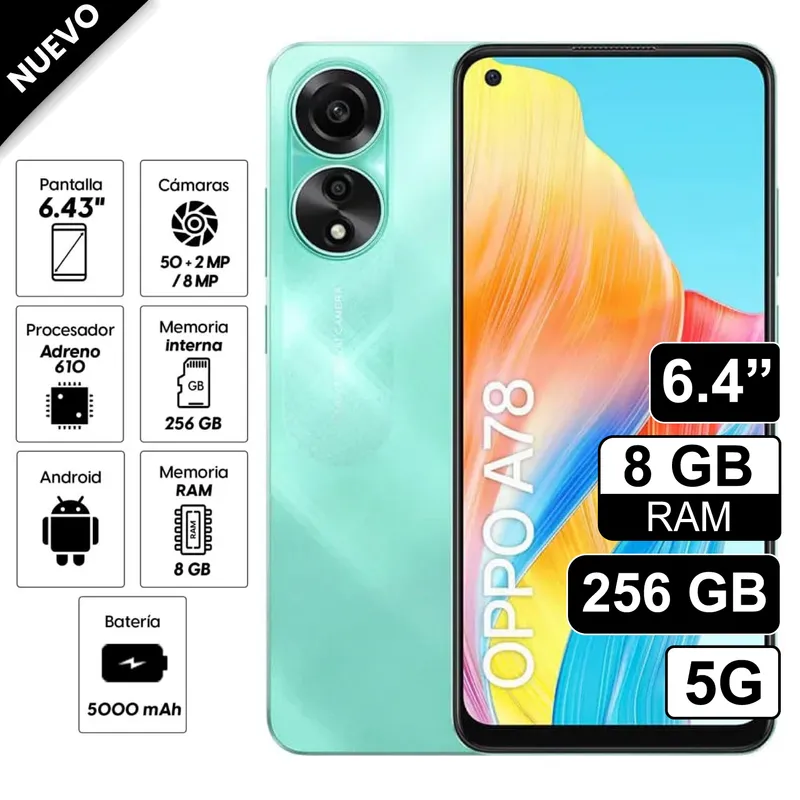 OPPO - Celular OPPO A78 256GB 8GB ram cámara principal 50MP + 2MP frontal 8MP 64 Pulg Verde