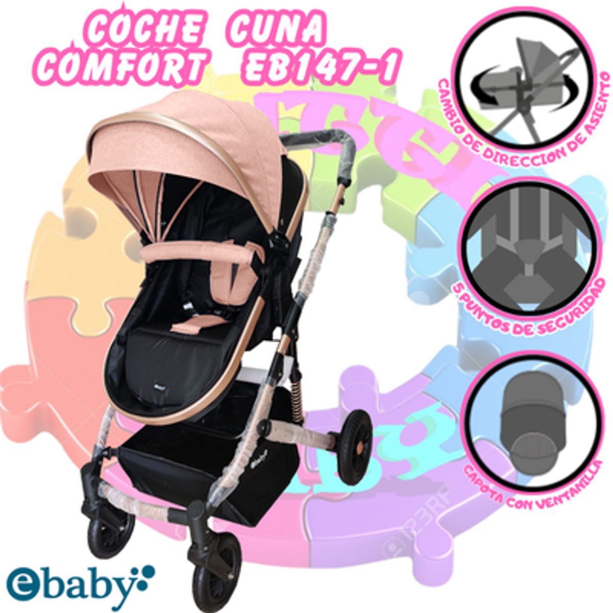 EBABY - COCHE CUNA MOISES DE LUJO COMFORT-ROSADO-NEW DESIGN