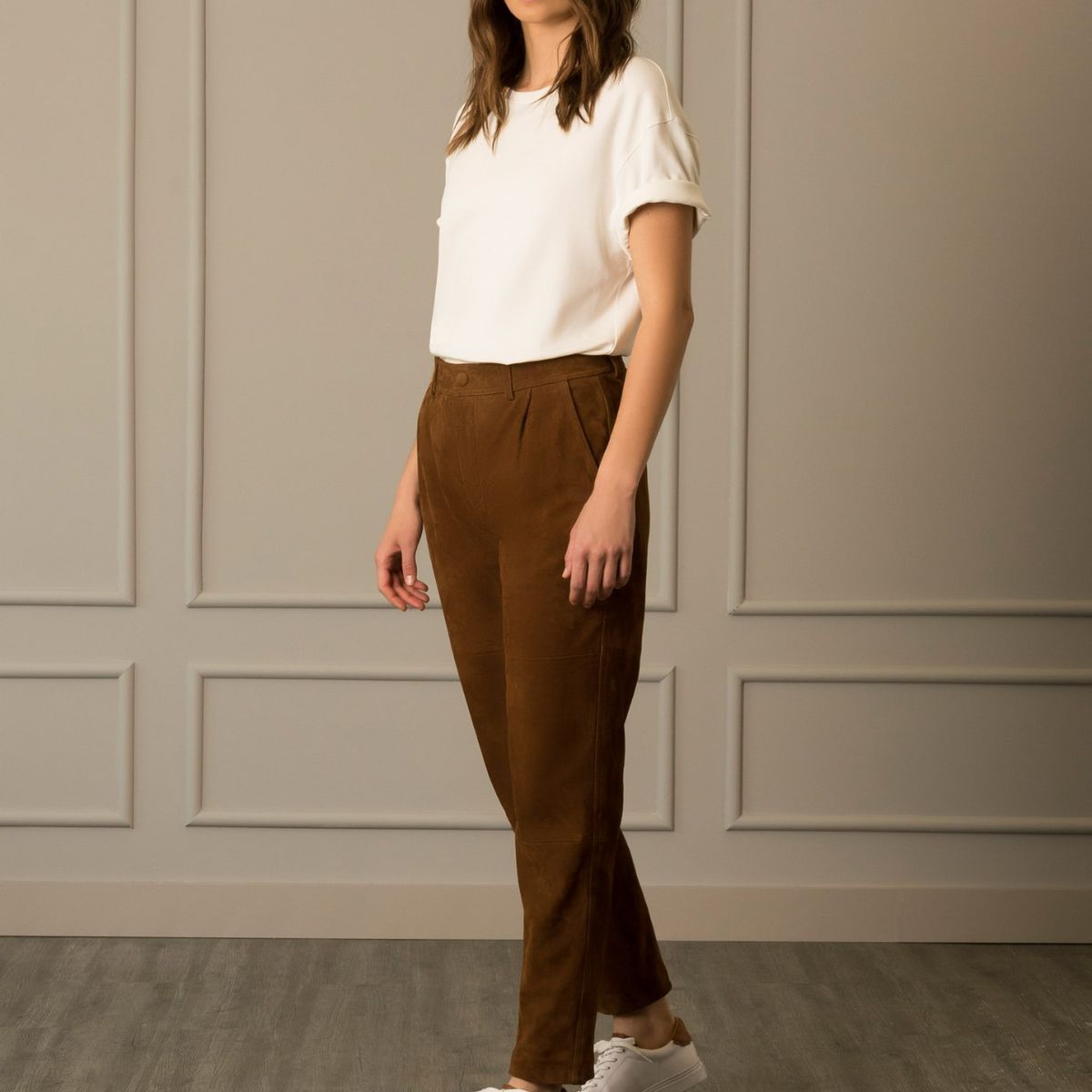 VELEZ - Vélez Pantalón Baggy En Gamuza Para Mujer Fit Holgado Miel