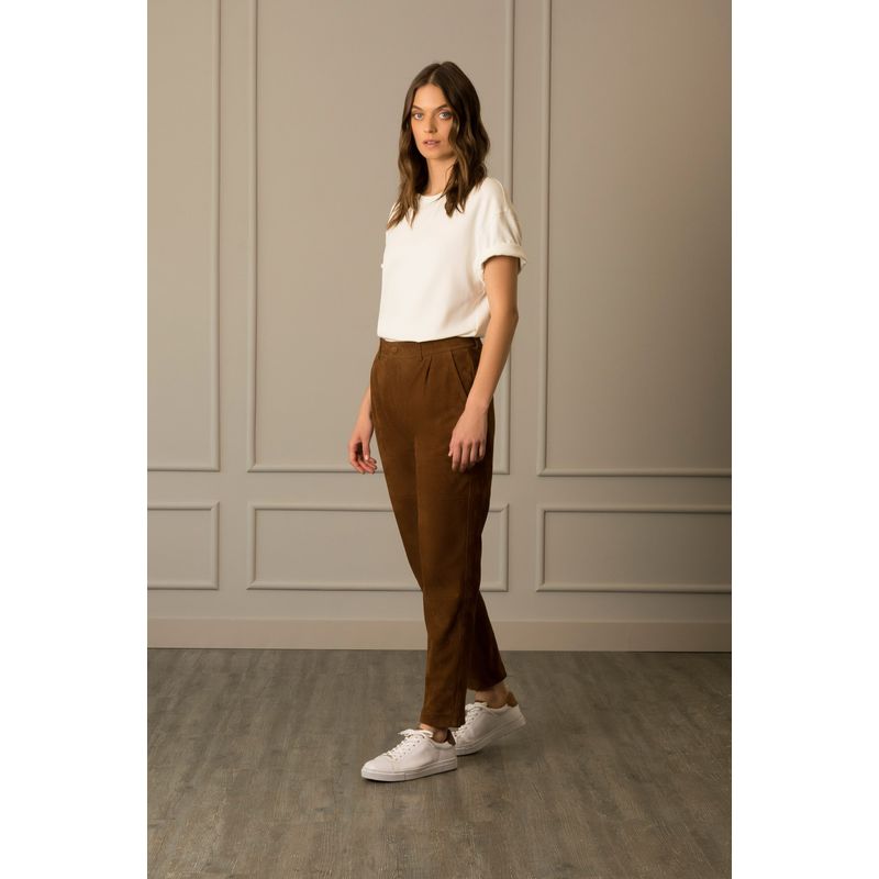 VELEZ - Vélez Pantalón Baggy En Gamuza Para Mujer Fit Holgado Miel