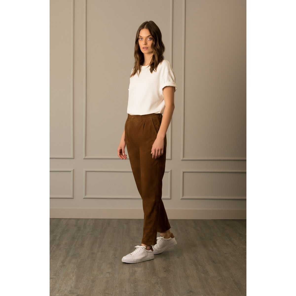 VELEZ - Vélez Pantalón Baggy En Gamuza Para Mujer Fit Holgado Miel