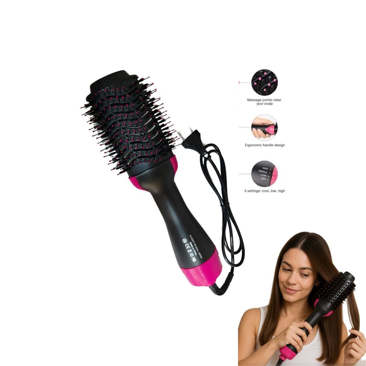 GENERICO - Cepillo Secador Alisador de Cabello 3 en 1 Multifunción