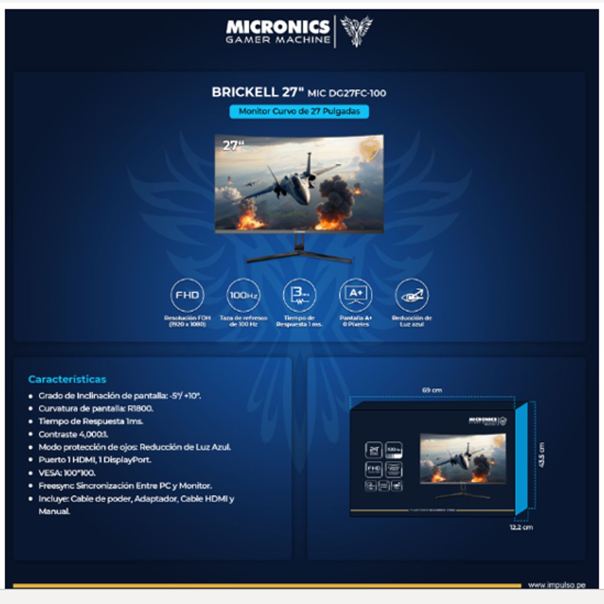 MICRONICS - Monitor Gamer BRICKELL+ MIC DG27FC-100 27 FHD 1920x1080 CURVO 100Hz MICRONICS