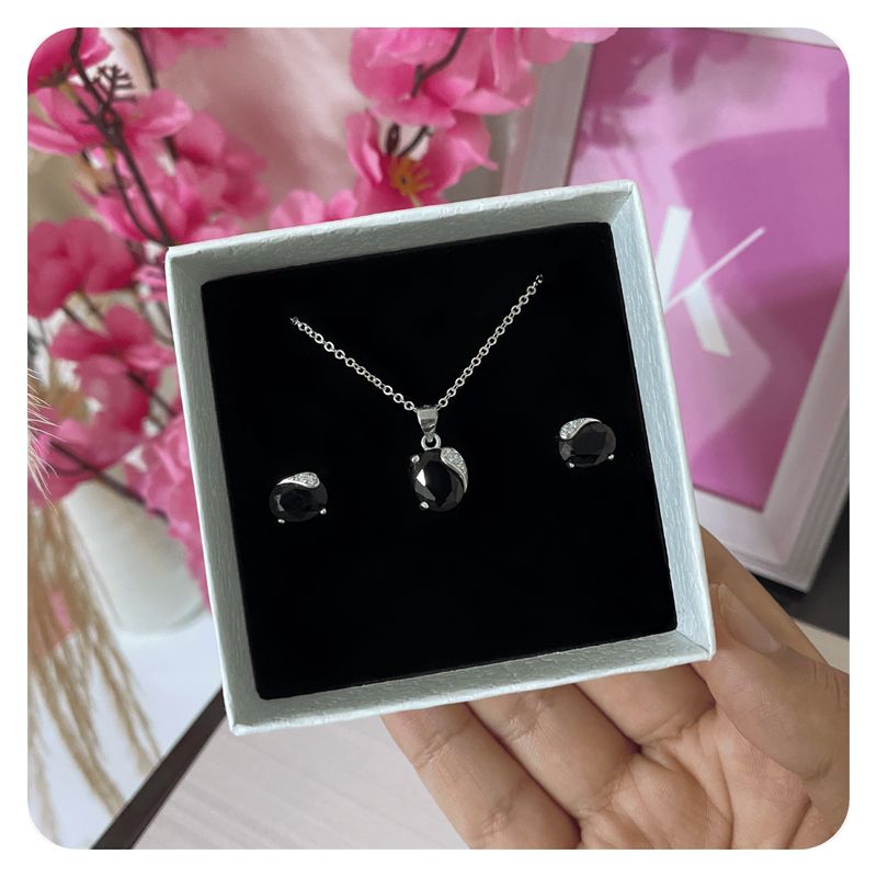 GENERICO - Set Collar Aretes Circonita Negra Regalo Mamá Novia Plata