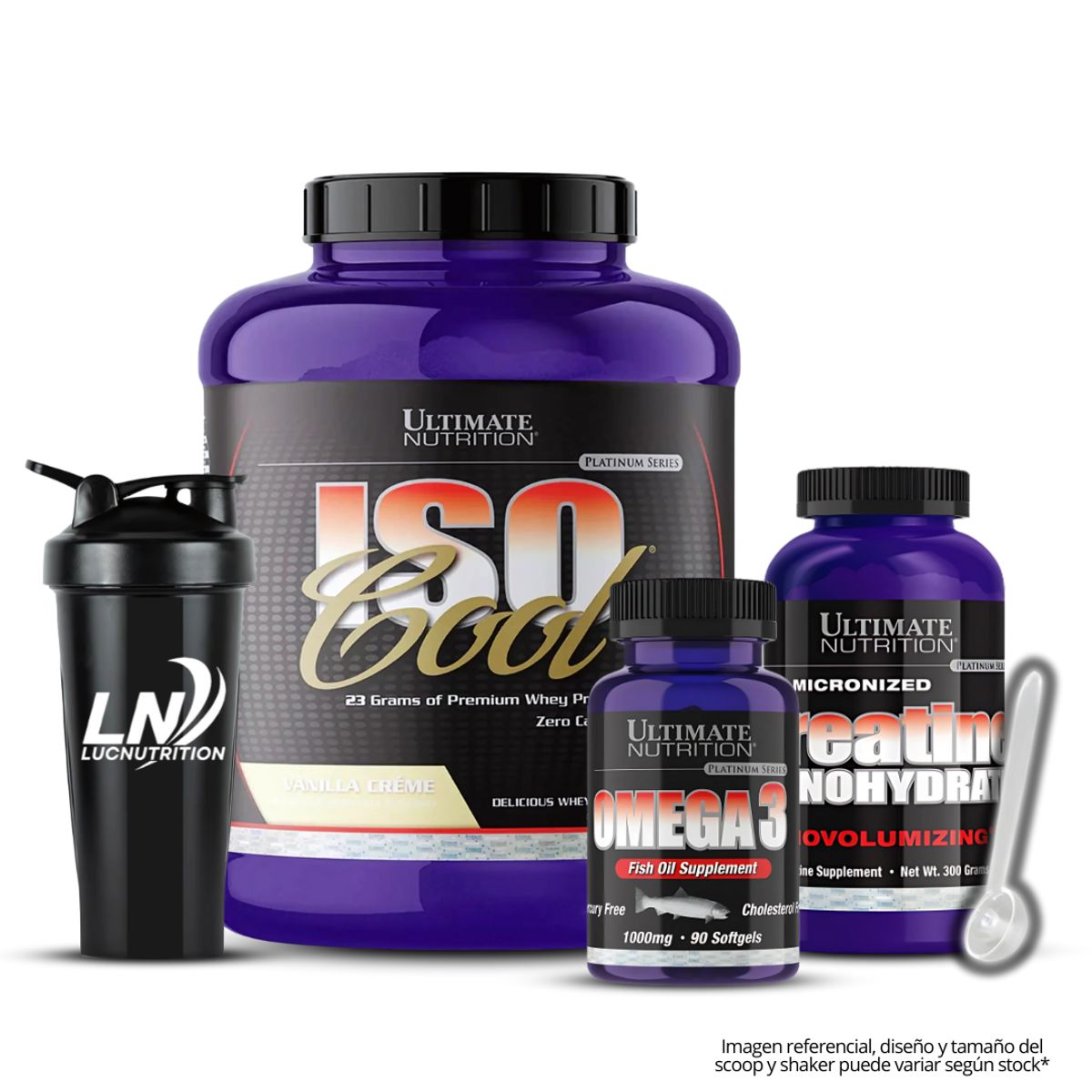 ULTIMATE NUTRITION - Iso Cool 5 LB Vainilla Crema + Creatina Ultimate Nutrition 300 g + omega 3 ultimate 90 cap + shaker