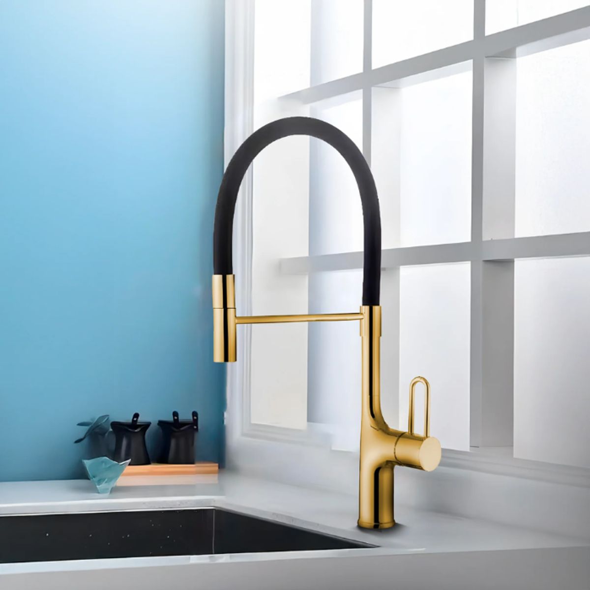 FRATELLI - MEZCLADORA MONOCOMANDO DE COCINA AL MUEBLE DALLAS DORADO CON NEGRO