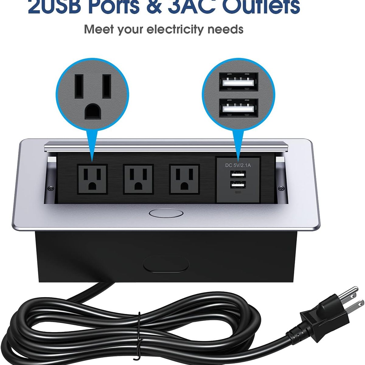 PUREPOWER - Enchufe Escritorio Embebido Placa Multi Contactos 3 Y 2 Usb